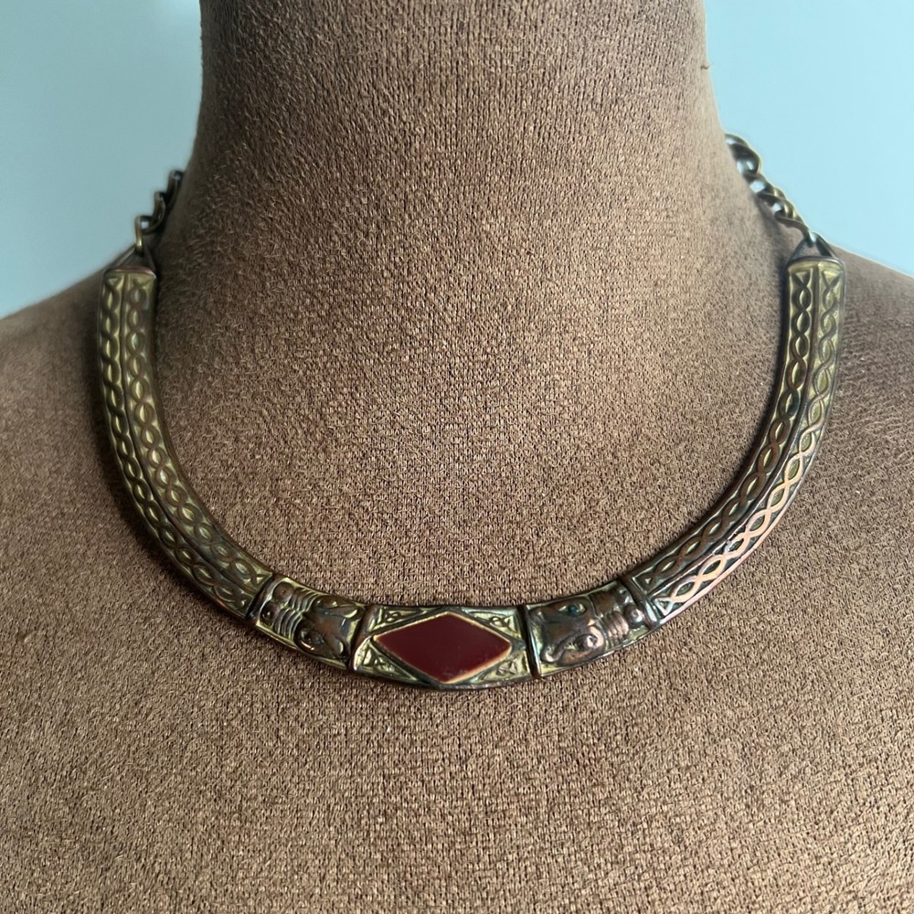 Vintage Brass Elephant Enamel Inlay Choker Necklace 14.5 Inch